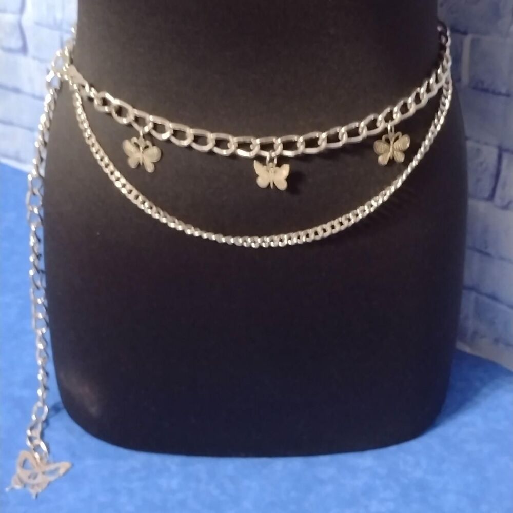 Butterfly Double Swag Fashion Belt Silver Tone 43 Inch